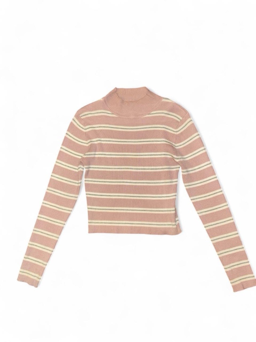 The Slope Brooklyn NY Striped Mock Neck Long Sleeve Sweater - Pink & Cream